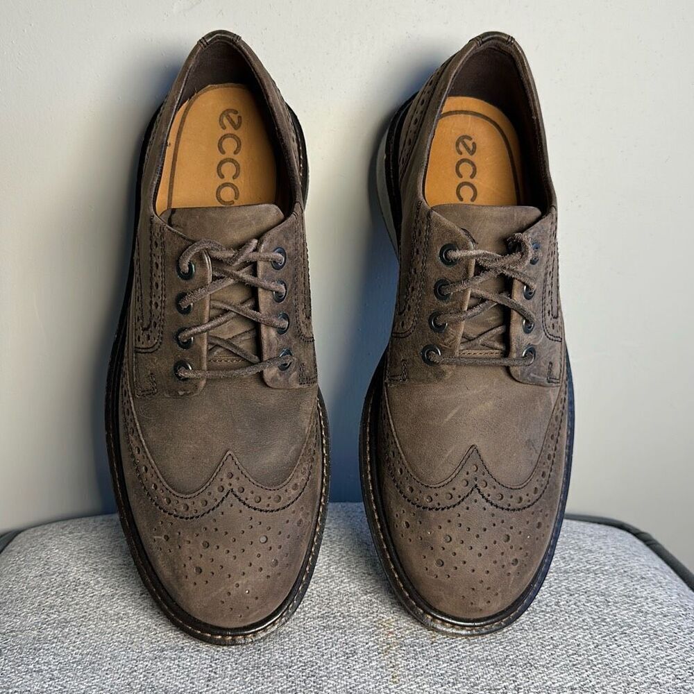 Ecco Mens Sz 41 Lhasa Brogue Wing Tip Leather Oxfords Coffee Brown Casual Shoes-